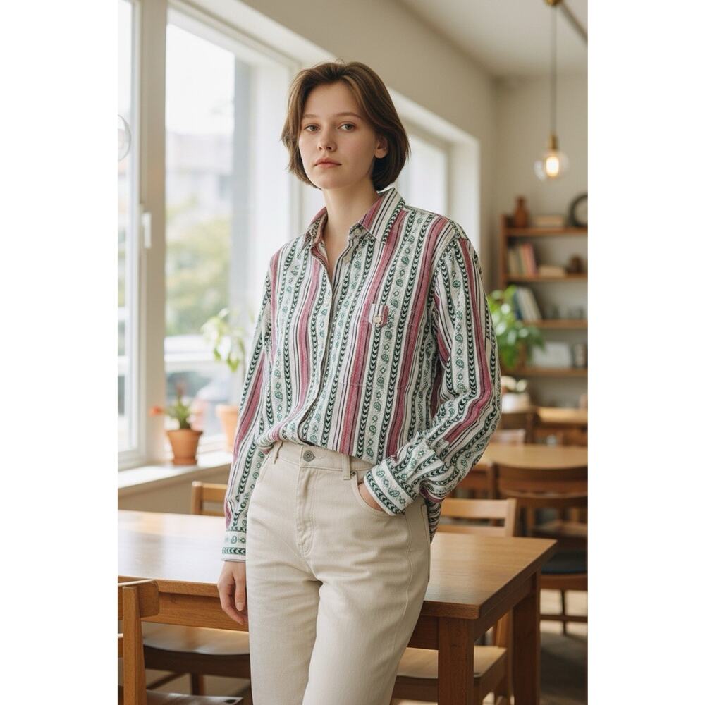 Vintage Jeans Wear Women's M Striped Paisley Geometric AOP Western Shirt Cowgirl